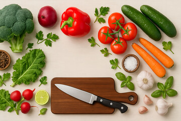 Fresh Colorful Vegetables Flat Lay With Cutting Board And Knife