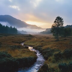 Morning dew sparkles across the landscape creating a tranquil highland mood