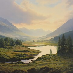 Morning dew sparkles across the landscape creating a tranquil highland mood