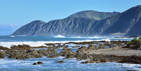 Big waves crashing onto the black sand beach of the Cook Strait
