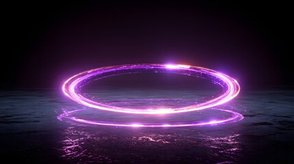 A vibrant pink and purple neon light ring reflecting on a dark wet floor.