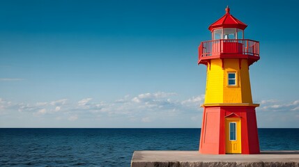 A vibrant red and yellow lighthouse stands on a pier by the calm blue sea under a clear sky.