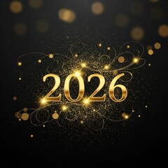 Golden 2026 text with sparkling particles and bokeh lights on dark background