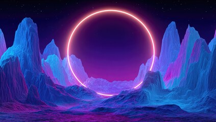 Glowing circle over a surreal mountain range landscape under a dark starry sky