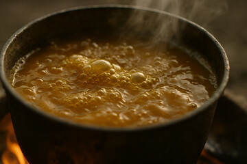 Steaming Boiling Soup Bubbling Inside Metal Pot