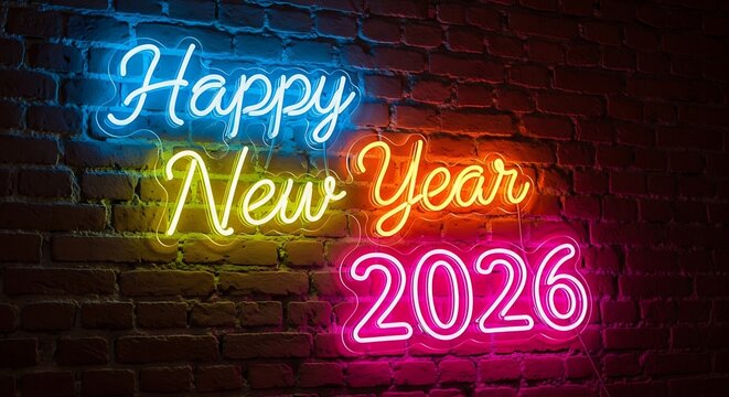 Happy new year 2026 neon sign glowing on a textured brick wall