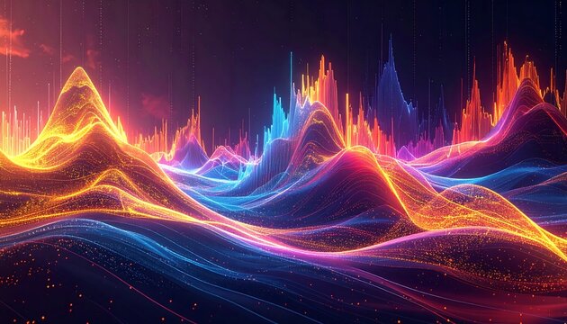 Glowing, colorful abstract visualization of data, waves