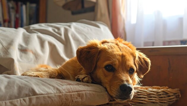 A Cute Golden Dog Resting Peacefully on a Comfortable Sofa Indoors on Sunny Day
