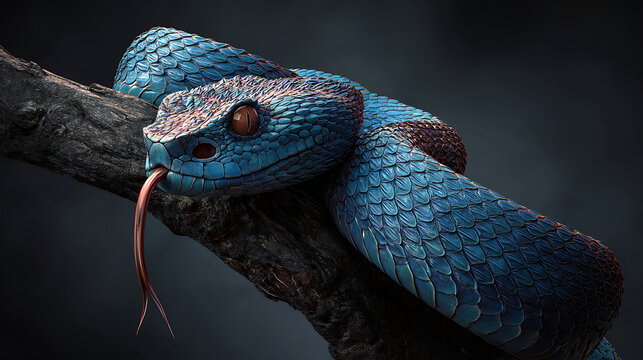 Blue viper coiled on branch with flickering tongue snake reptile