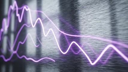 Abstract purple glowing wavy lines moving fluidly across a textured dark background representing data flow digital energy sound waves or futuristic technology - Powered by Adobe