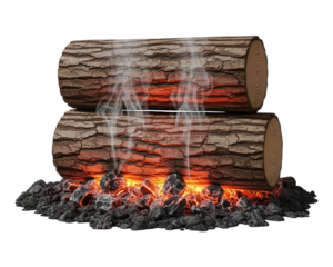 Stacked wooden logs resting atop glowing embers and charcoal pieces against a dark background