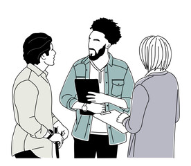 Diverse colleagues discussing work. Minimalist line art with soft colors, showing teamwork, communication, collaboration in modern office setting. Stylized vector illustration isolated 