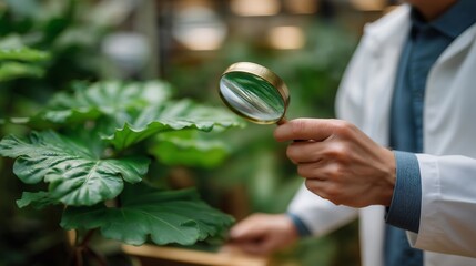 A botanist holding a magnifying glass over a rare plant leaf, studying vein patterns and moisture levels in a lush greenhouse — plant research, biodiversity protection, and scientific observation.