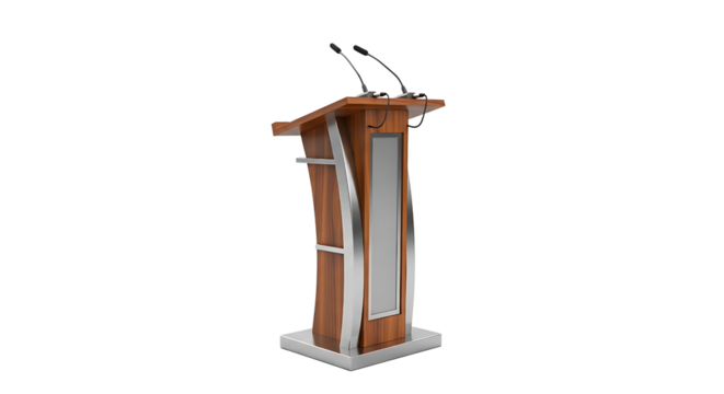 Modern Wooden Podium with Microphones on Transparent Background