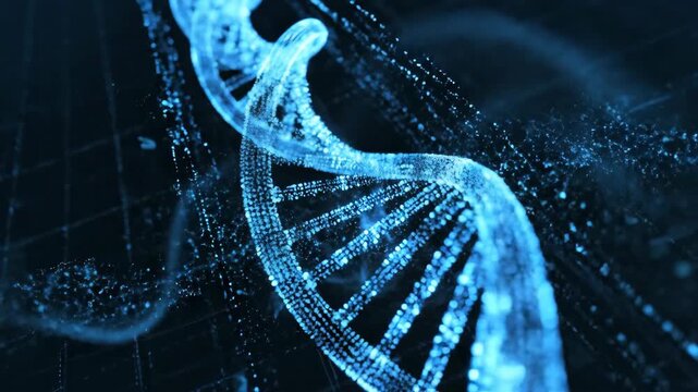 Blue DNA strand composed of glowing orbs against a dark background