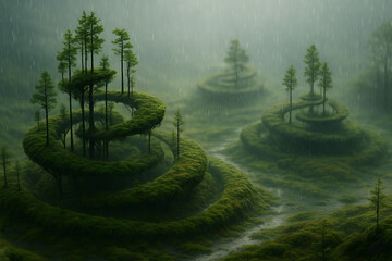 Surreal Layered Forest Landscape With Floating Terraces