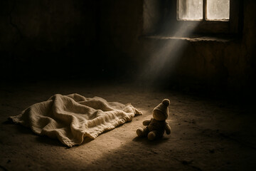 Abandoned Room With Teddy Bear In Dusty Sunlight