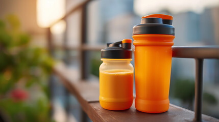 Protein shake duet: young adult and mum hydrating after workout, balcony light, healthy routine, close-up bottles, with copy space