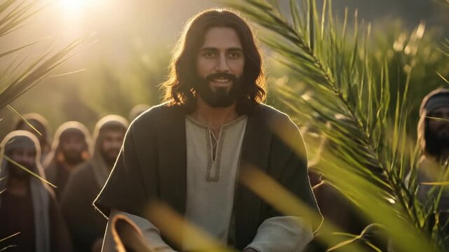 palm sunday AI genereted video of Cinematic Bible Story: Jesus Christ Riding Donkey into Jerusalem on Palm Sunday with Kind Forgiving Smile, Authentic Middle Eastern Jewish Appearance. Hosanna