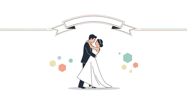 Elegant wedding illustration with embracing couple under a customizable banner space