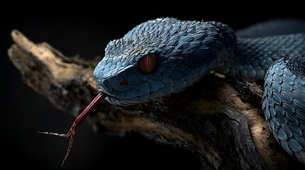 Fototapeta premium Blue Viper Reptile With Forked Tongue Resting On Wood snake scales