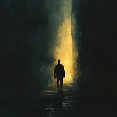 Subtle rim lighting outlines his figure while the environment fades into a deep shadowy void