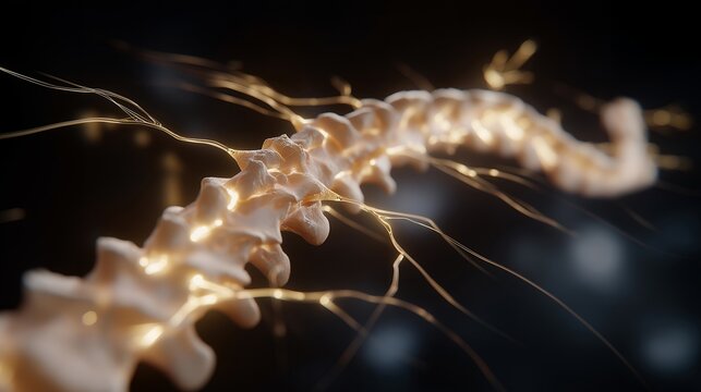 A digital rendering of a glowing human spine floating against a dark background, neural pathways branching like light trails — sci-fi medical concept, nervous system visualization, and futuristic