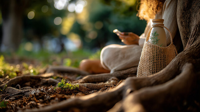 Gen Z eco friend under tree, coffee bottle and phone, reusable tote, public park serenity, net zero hope, with copy space