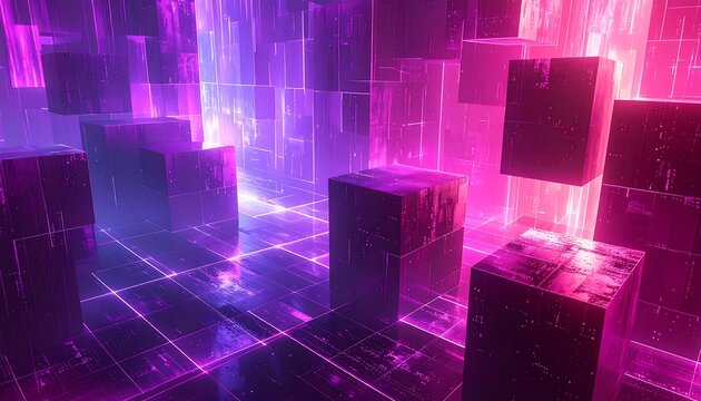 Glowing cubical structures in a futuristic digital environment