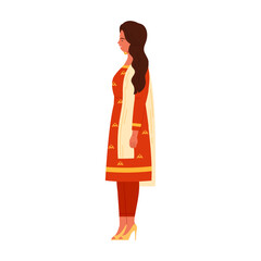 Side view of an isolated Indian woman wearing a red ethnic outfit and heels vector illustration
