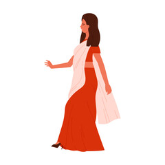 Fototapeta premium Elegant isolated Indian woman in red saree walking, side view, traditional clothing, white background vector illustration