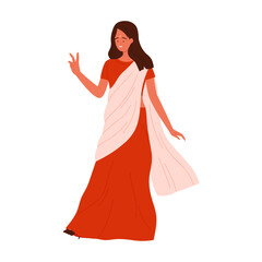 Isolated cheerful Indian woman wearing red saree showing peace sign on white background vector illustration