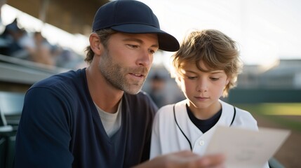 A baseball fan father sits beside his child in a sunlit local ballpark, patiently teaching how to keep score on a paper card — a nostalgic image of mentorship, tradition, and family bonding through