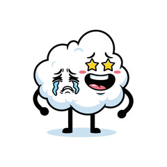 Obraz premium A cute cloud mascot character with a dual expression of crying sadness and star-eyed excitement on a white background.
