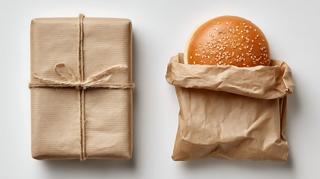 Brown paper package tied with twine next to sesame seed bun in paper bag gift string