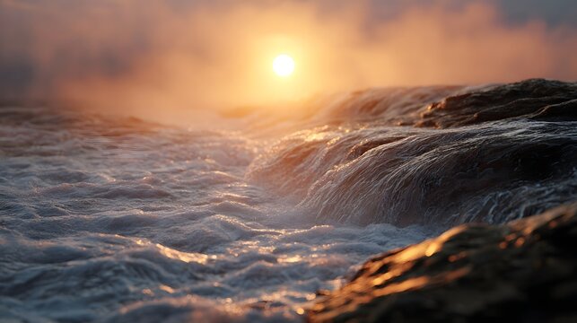 Dramatic sunset over misty crashing ocean waves