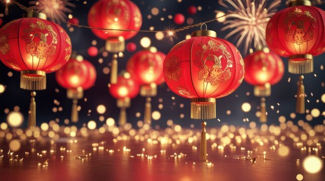Vibrant red chinese lanterns and fireworks illuminate a festive night