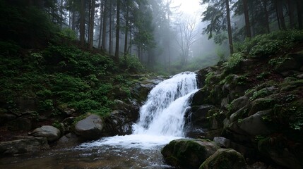 A lush misty forest landscape with a cascading waterfall flowing over moss covered rocks