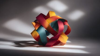 Abstract geometric ball of interwoven colored ribbons with dramatic shadows.