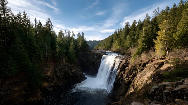 Majestic waterfall cascading through the lush forest landscape - Powered by Adobe