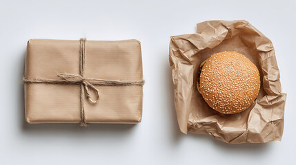 Brown paper wrapped gift beside sesame seed burger in crumpled paper package parcel
