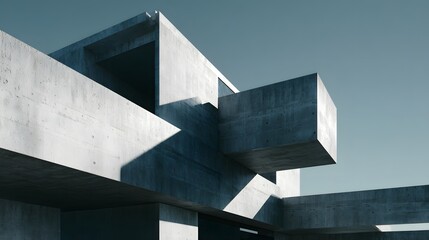 Abstract geometric concrete building with sharp angles and stark shadows.