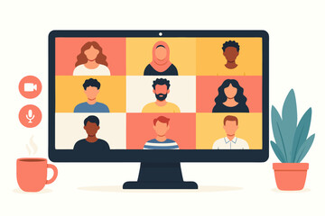 Connect with diverse colleagues in a modern virtual meeting on a sleek monitor, while enjoying coffee, fostering collaboration and team growth
