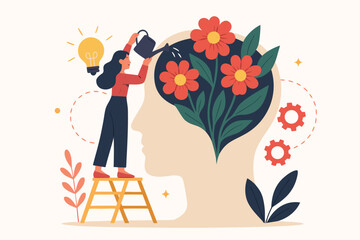 Cultivating growth mindset, woman nurturing creative ideas inside mind, promoting learning, mental health, inspiration and knowledge