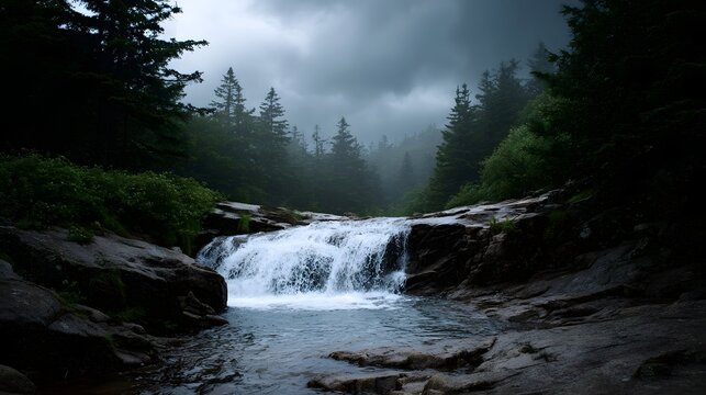 A moody misty forest waterfall cascades over rocky terrain under dramatic overcast skies