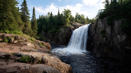 A powerful waterfall cascades over rocky cliffs into a dark river surrounded by a dense evergreen forest under a bright sky
