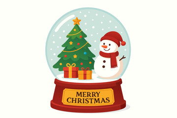 Cheerful Christmas snow globe scene with tree, gifts, and snowman ready for holiday promotions and festive greetings, scalable vector
