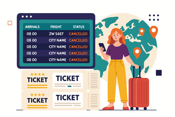 Travel disruptions frustrate young woman with cancelled flight, seeking new destination with her tickets and luggage vector