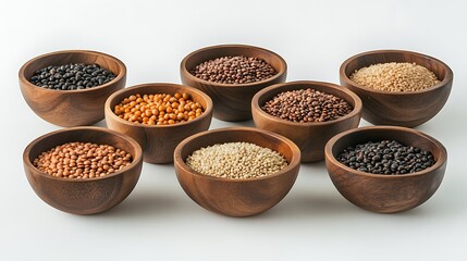 Collection of various grains and legumes in wooden bowls