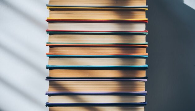 Stack of colorful books arranged vertically, bathed in soft natural light, minimalistic and cozy, ideal for reading, education, and home decor concepts.